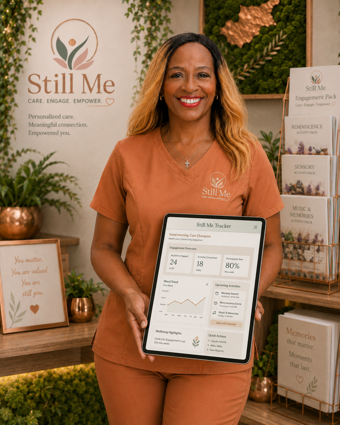 Care team member using Still Me resident engagement software on a tablet